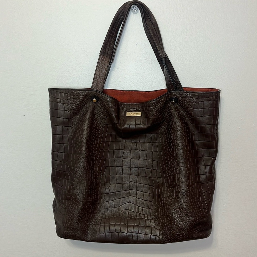 KATE SPADE Brown Leather Tote Bag Purse With Red Interior